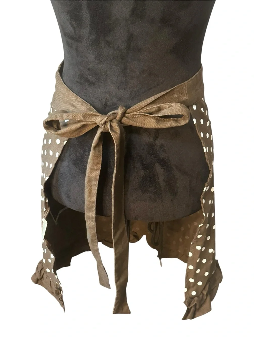 Thirty-One Brown Polka Dot Ruffle Half Apron Tie Waist